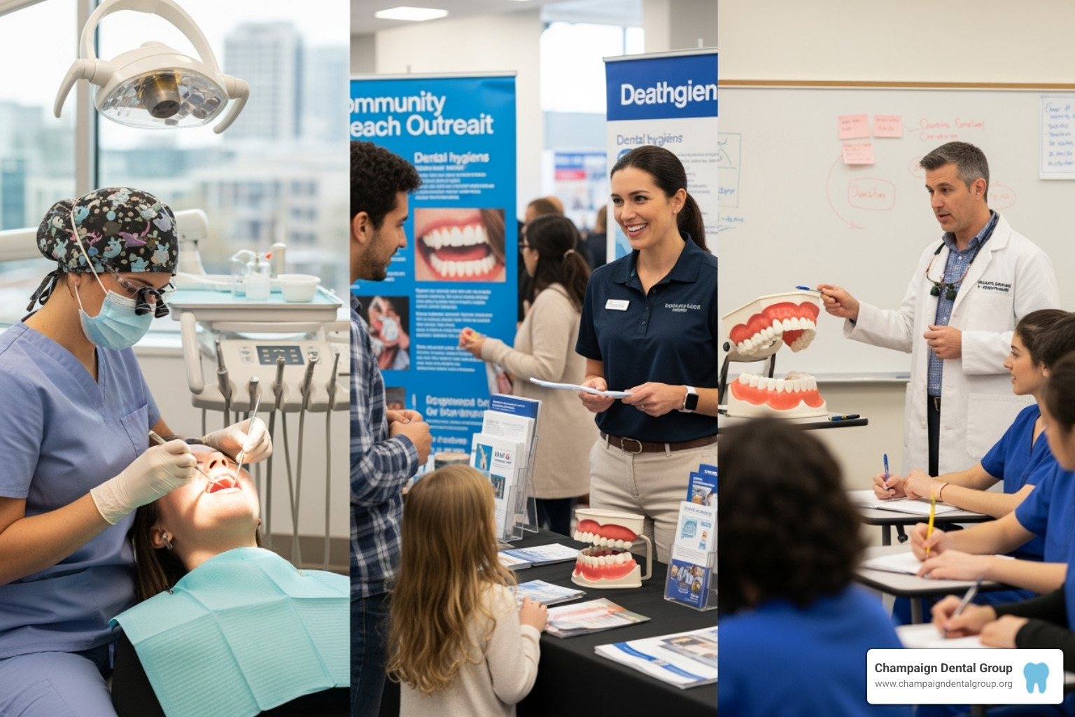 Collage showing dental hygienists in various settings: a clinical office, a public health fair, and a classroom - dental hygiene jobs near me