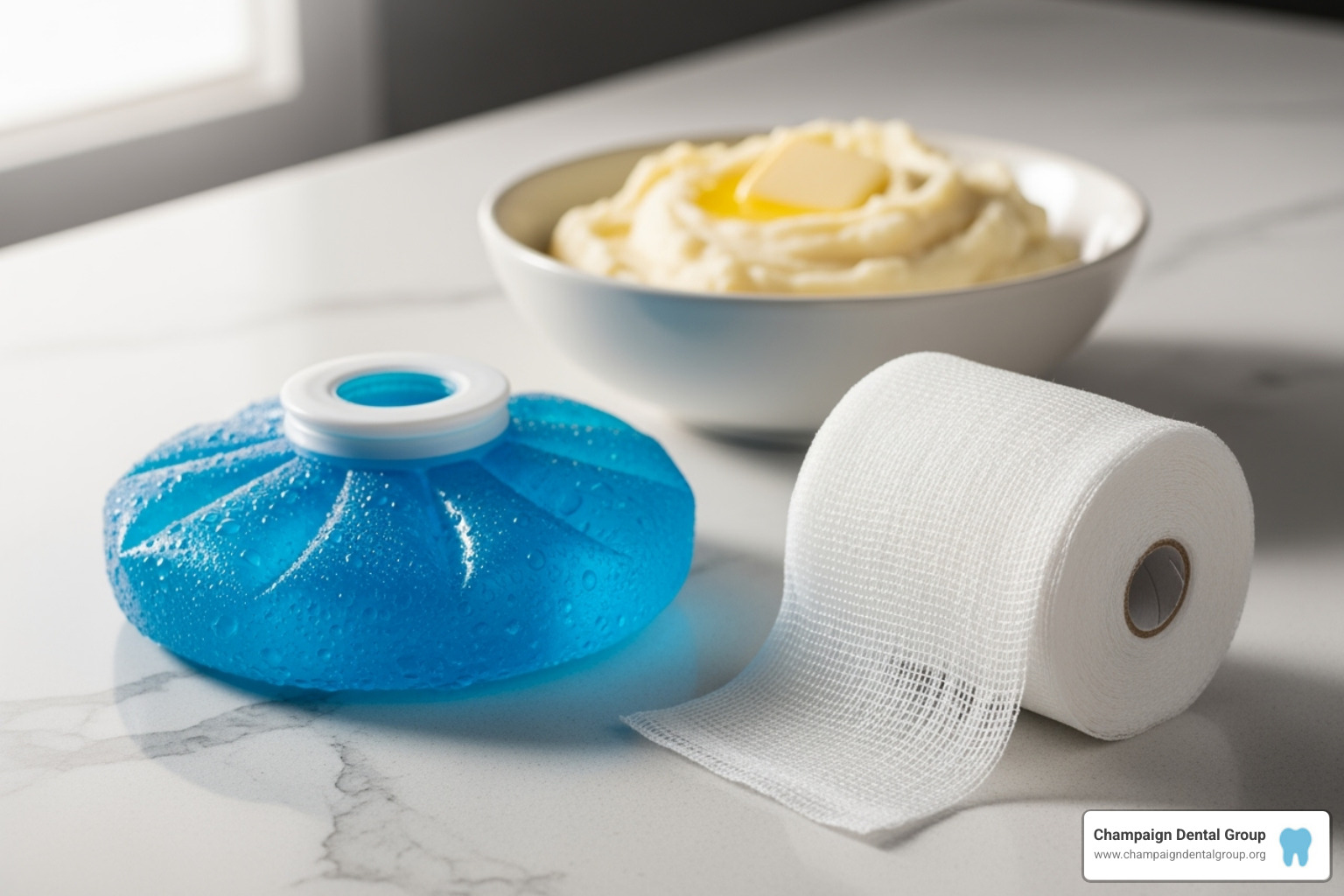 aftercare items like gauze, an ice pack, and soft foods - molar extraction cost