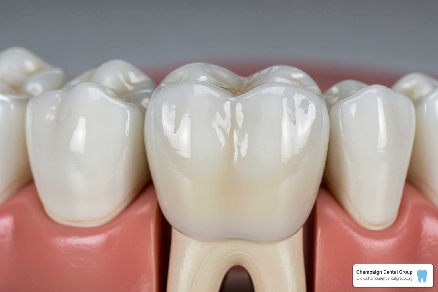 A detailed image of a porcelain dental crown placed on a molar model, showing its natural appearance and how it encapsulates the tooth. - Cracked tooth solutions