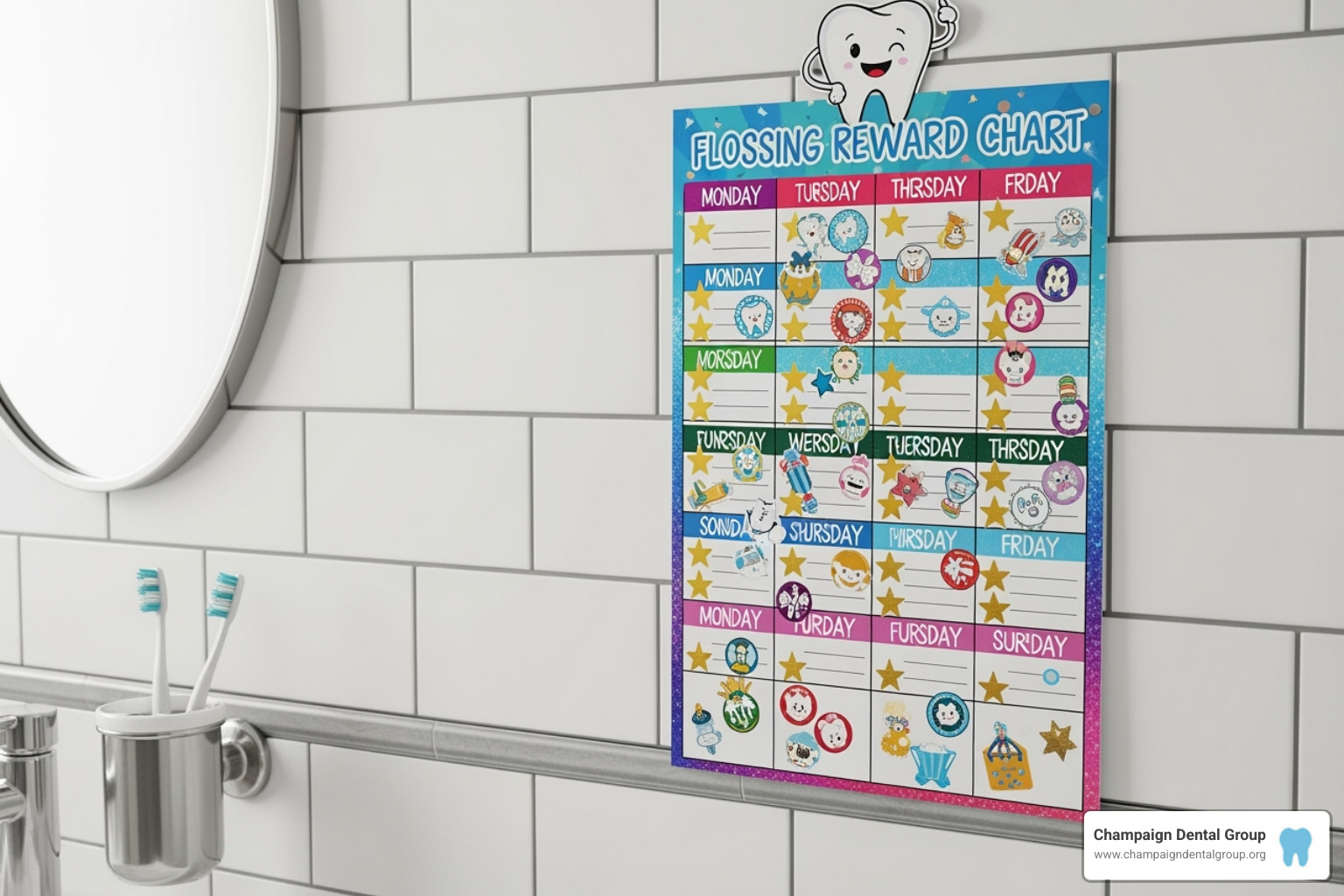 a colorful, filled-in flossing reward chart on a bathroom wall - flossing tips for kids