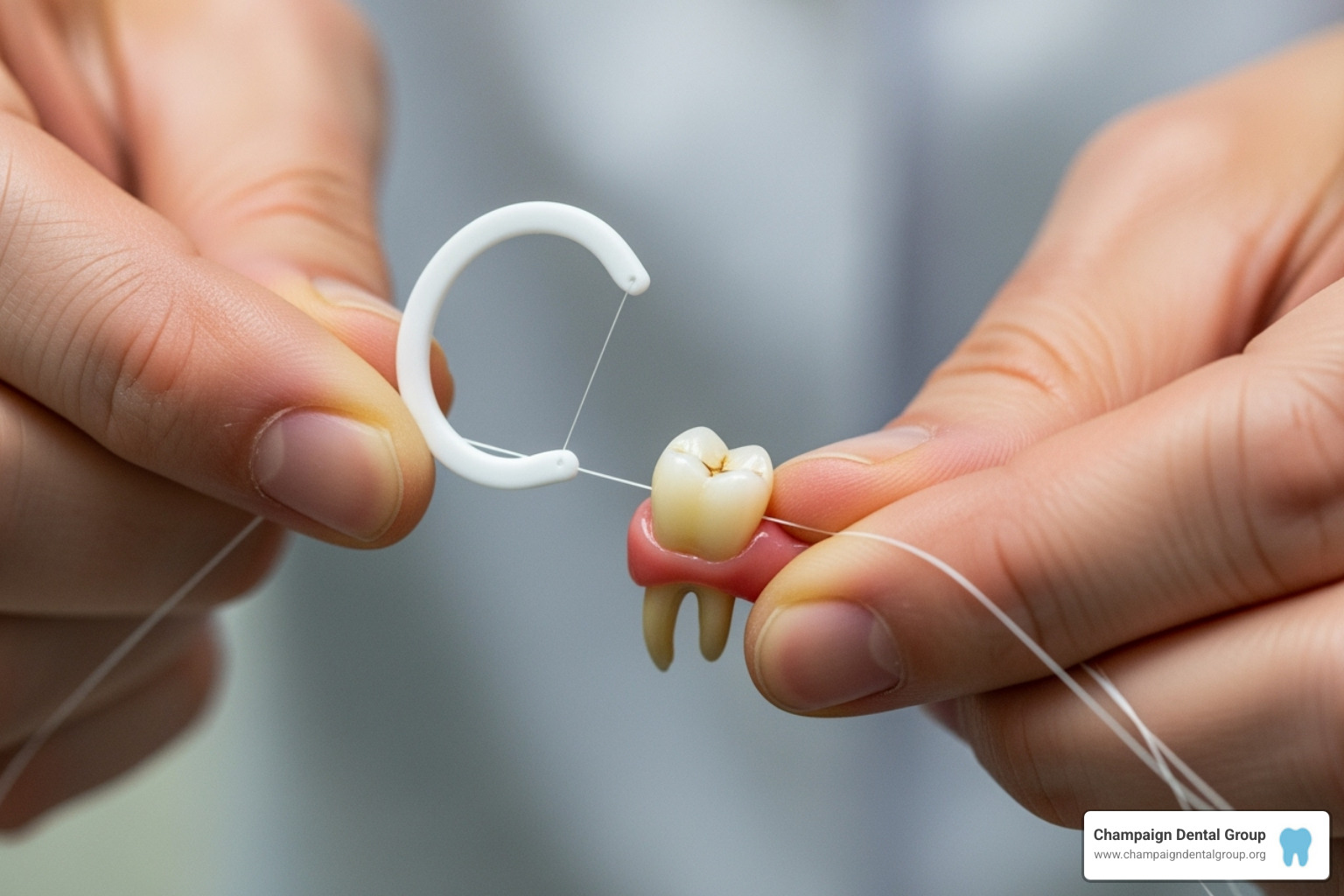 close-up on hands demonstrating the C-shape flossing method - flossing tips for kids