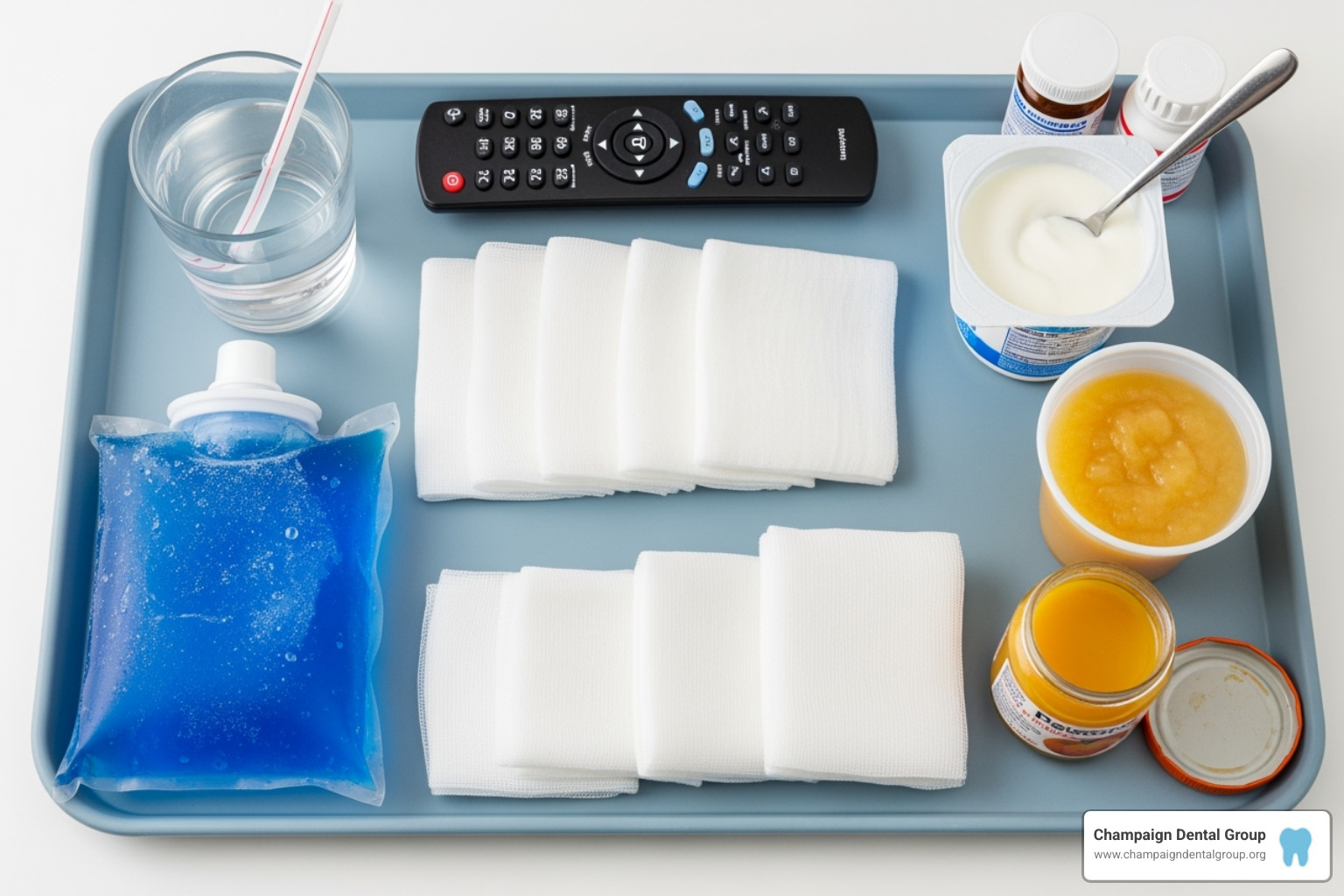 Post-operative care items like gauze, an ice pack, and soft food - surgical molar extraction