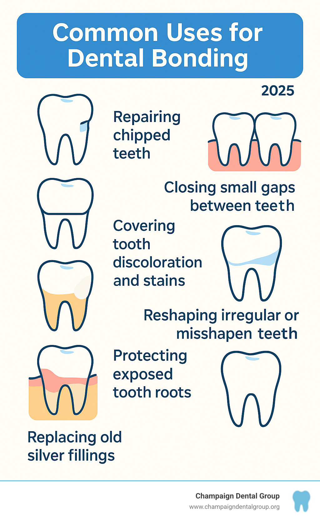 Infographic showing common uses for dental bonding including repairing chipped teeth, closing small gaps between teeth, covering tooth discoloration and stains, reshaping irregular or misshapen teeth, protecting exposed tooth roots from gum recession, and replacing old silver amalgam fillings with tooth-colored alternatives - cost of dental bonding without insurance infographic Infographic showing common uses for dental bonding including repairing chipped teeth, closing small gaps between teeth, covering tooth discoloration and stains, reshaping irregular or misshapen teeth, protecting exposed tooth roots from gum recession, and replacing old silver amalgam fillings with tooth-colored alternatives - cost of dental bonding without insurance infographic