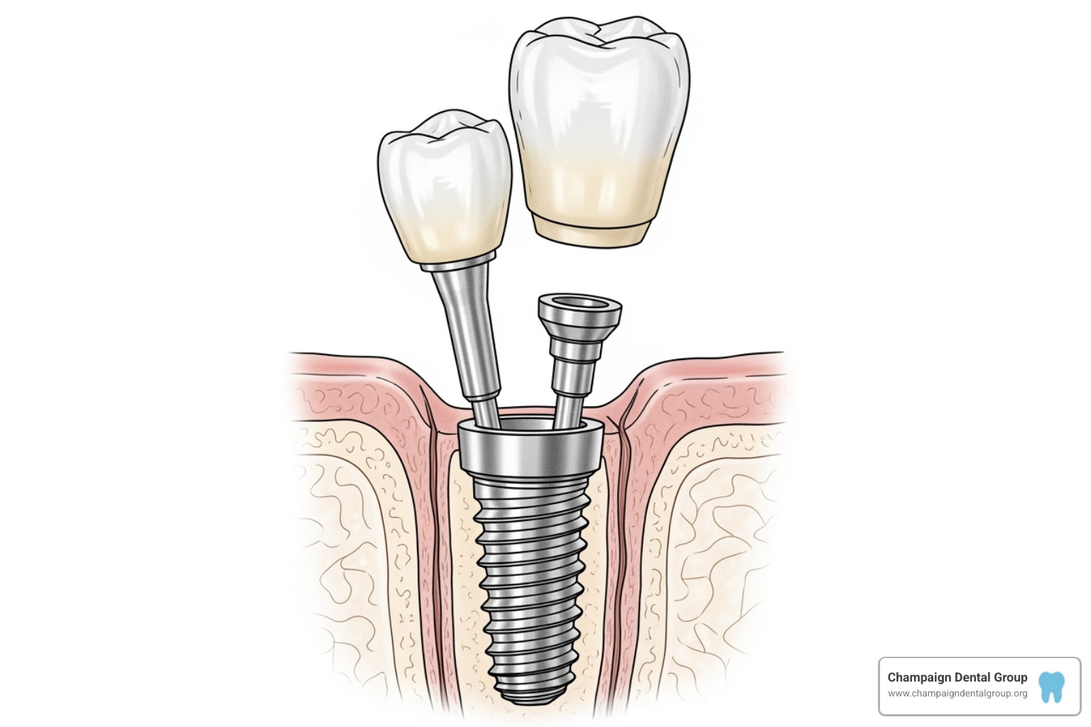 Diagram showing the components of a dental implant (post, abutment, crown) - dental implants financing