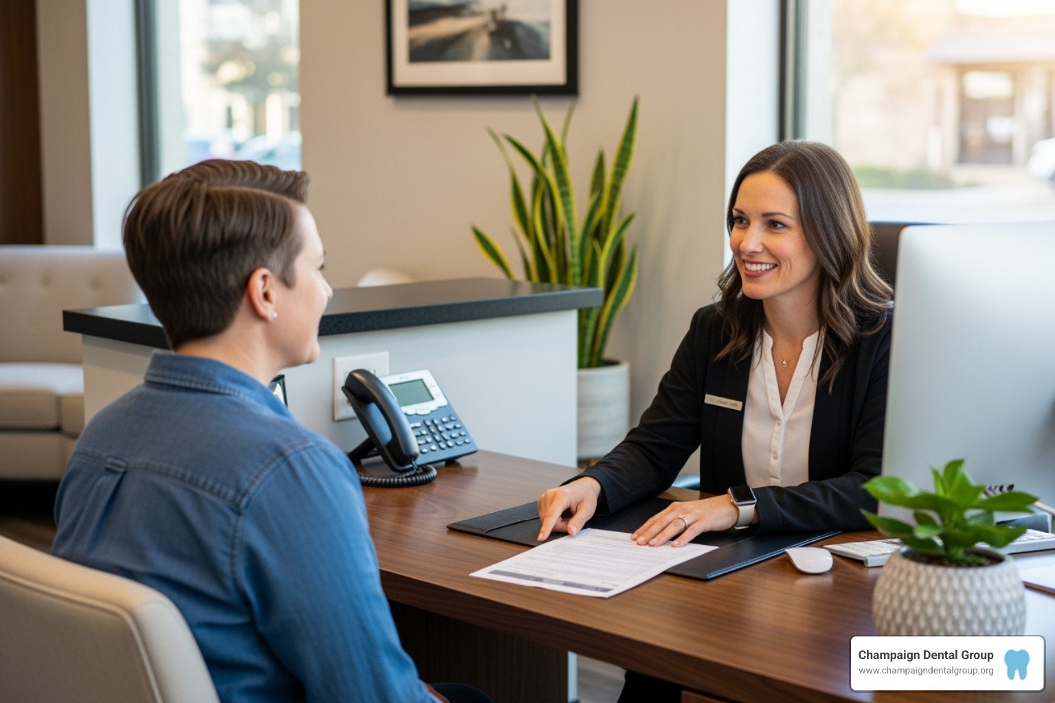 Patient discussing payment options with a dental office administrator - dental implants financing