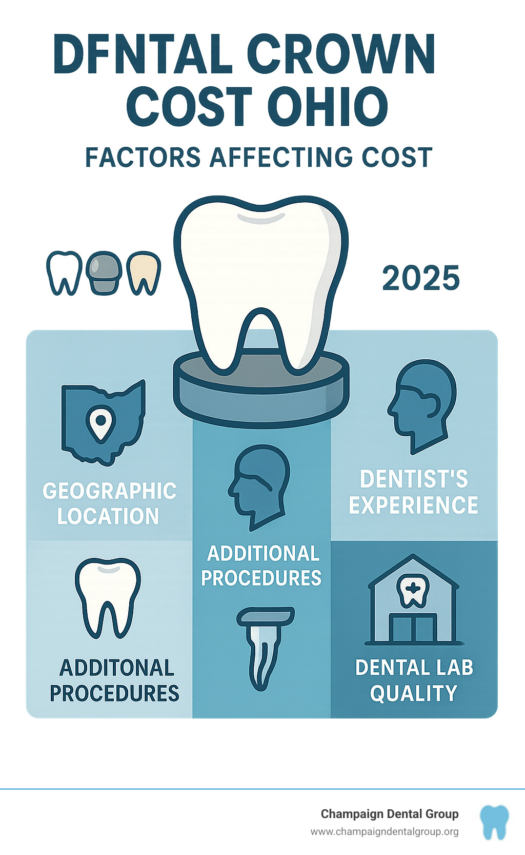 Infographic showing the main factors affecting dental crown costs in Ohio: material type (porcelain, metal, zirconia), geographic location within Ohio, dentist experience level, additional procedures needed like root canals, and dental lab quality used - Dental crown cost Ohio infographic 