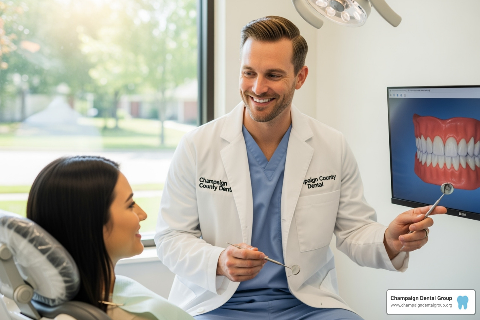 dentist and patient looking at a tablet with dental imagery - Champaign County Dentist dentist and patient looking at a tablet with dental imagery - Champaign County Dentist