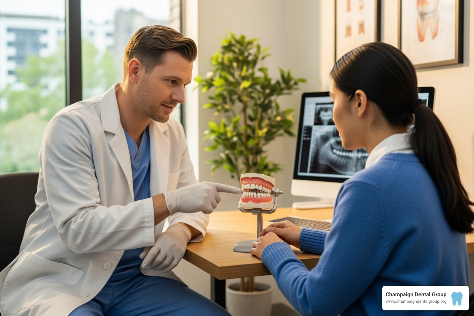 Dentist consulting with a patient, pointing to a dental model - Dental Bonding Cost Dentist consulting with a patient, pointing to a dental model - Dental Bonding Cost