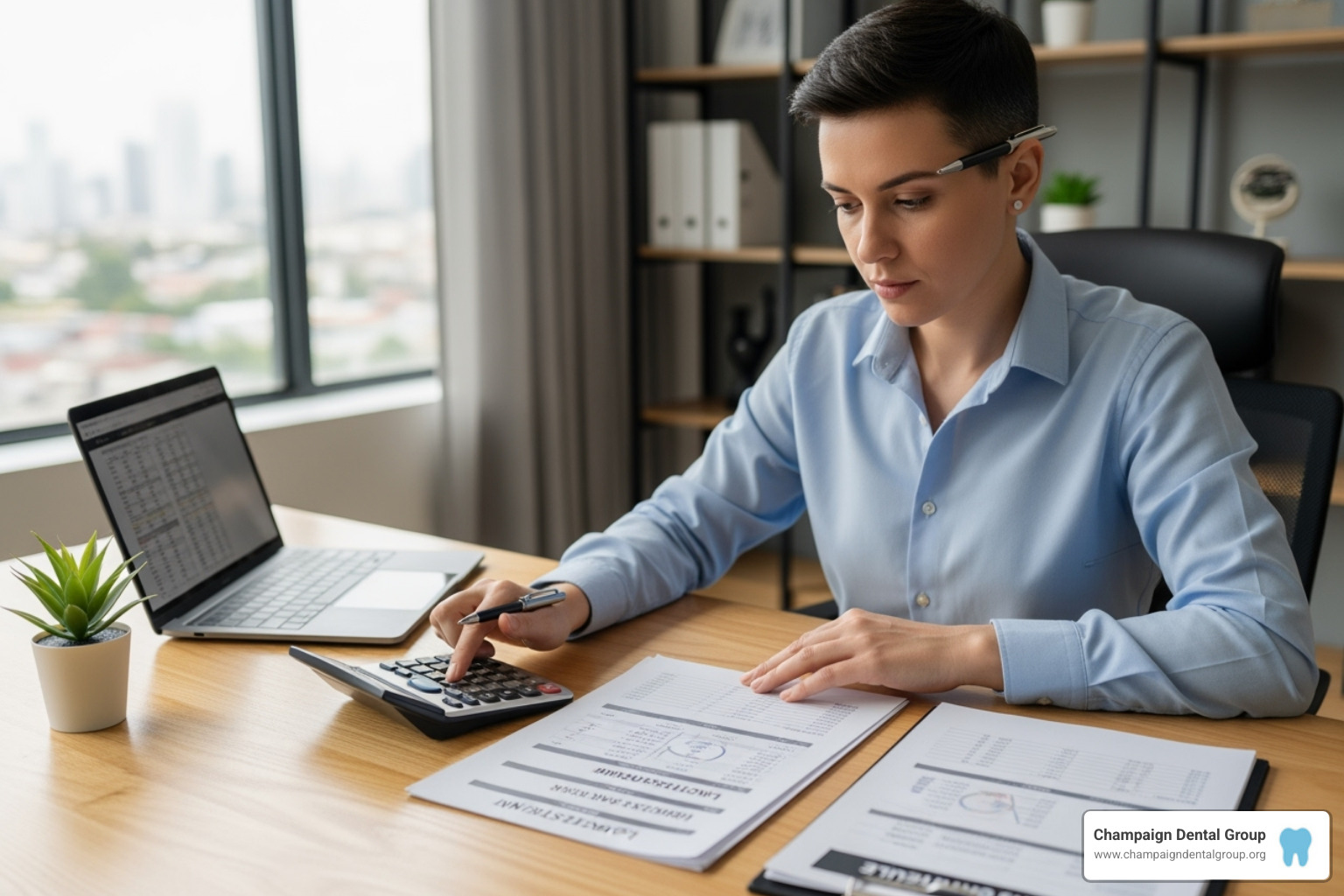 A person diligently reviewing financial documents and using a calculator, symbolizing the careful consideration and comparison needed when choosing financing options. - Dental Loans for Implants