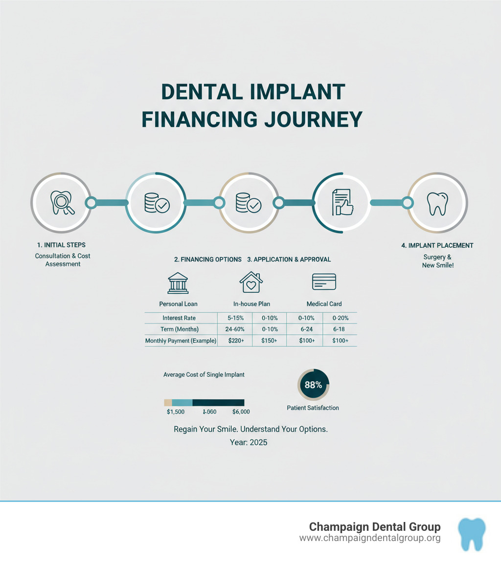 Comprehensive infographic showing the complete dental implant financing journey from initial consultation and cost assessment through loan application and approval process to final implant placement, including comparison of different financing options with interest rates, terms, and monthly payment examples - Dental Loans for Implants infographic 