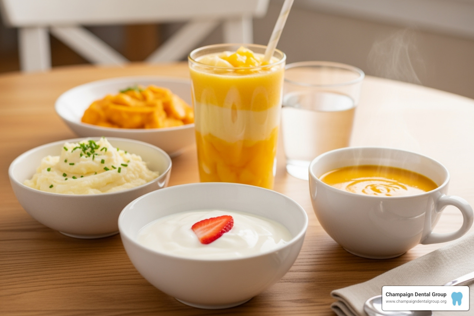 Image of soft foods like yogurt, soup, mashed potatoes, and smoothies, emphasizing gentle post-dental procedure diet - Deep cleaning teeth