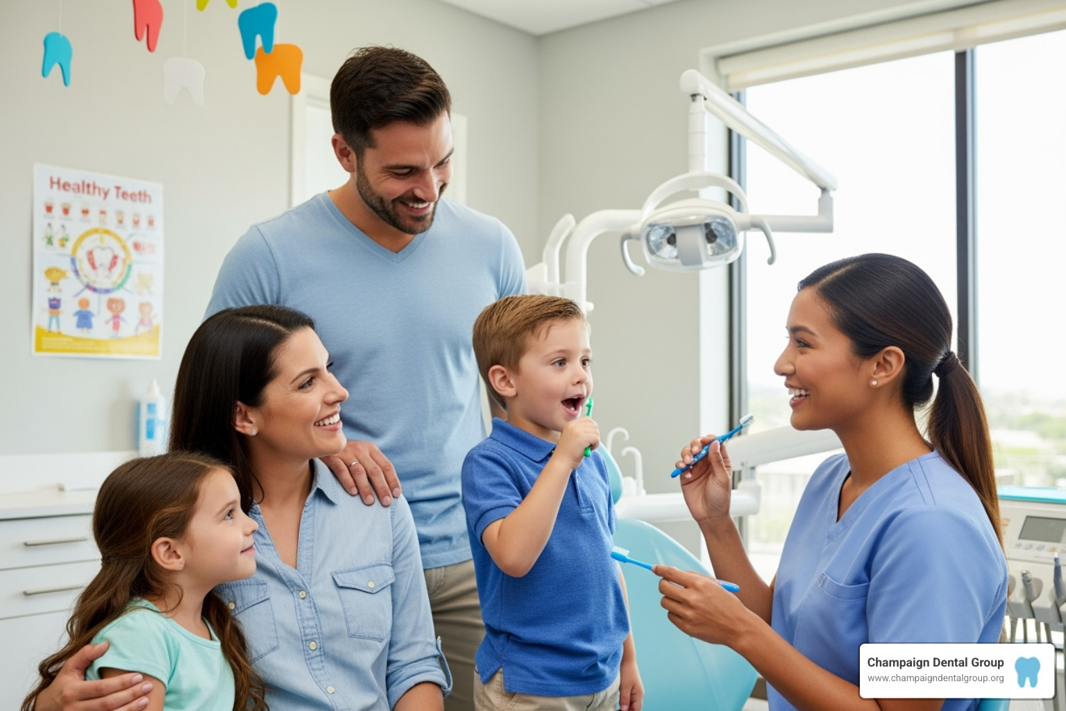 A smiling family, including parents and children, happily interacting with a friendly dental hygienist in a modern dental office setting, symbolizing comprehensive family dental care - Deep cleaning teeth