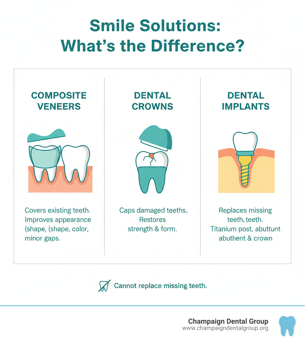 Infographic showing the difference between composite veneers that cover existing teeth, dental crowns that cap damaged teeth, and dental implants that replace missing teeth completely with a titanium post, abutment, and crown - can you get composite veneers with missing teeth infographic 