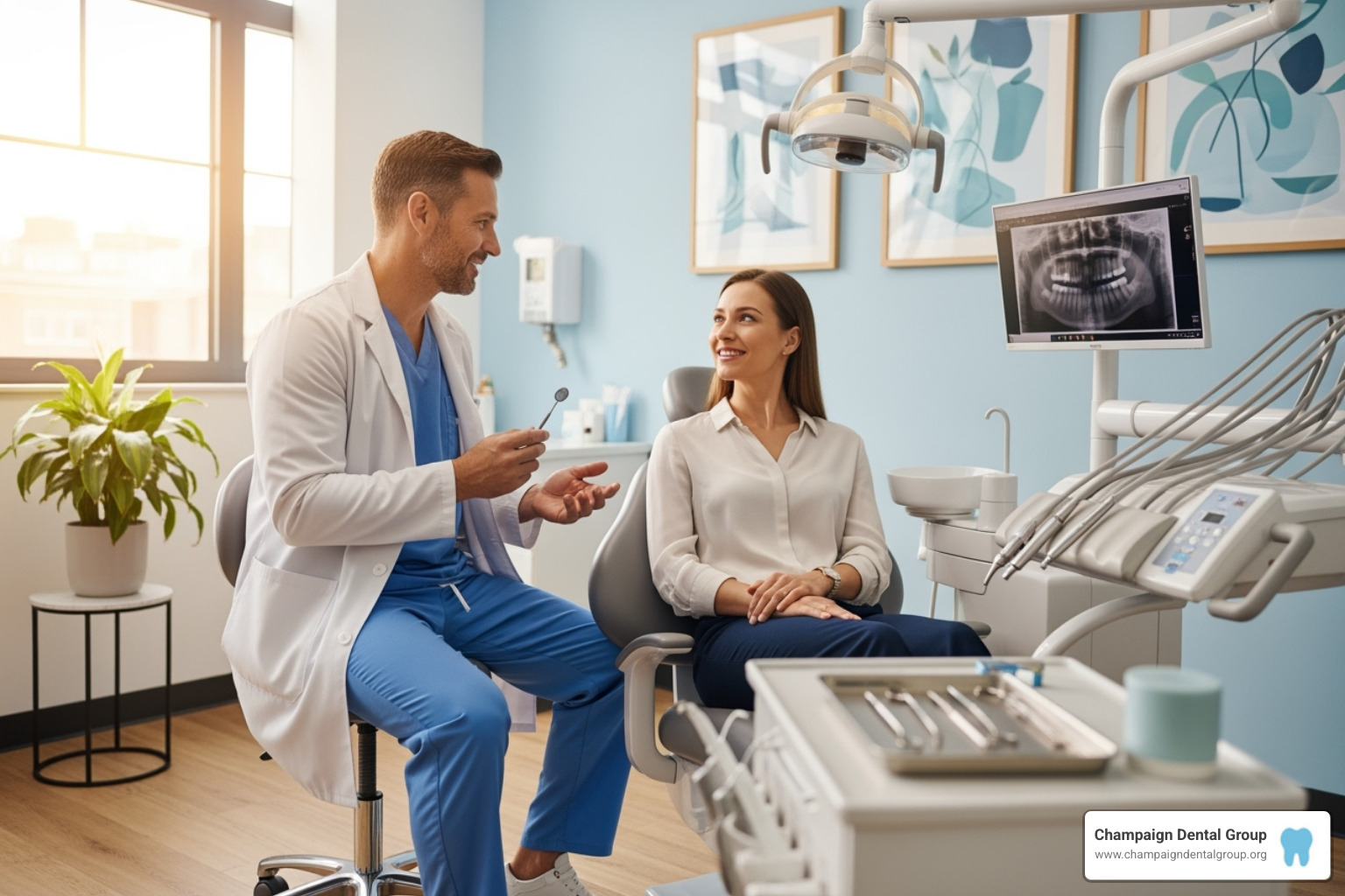 Dentist warmly consulting with a patient in a modern, comfortable dental office setting - Permanent veneers cost