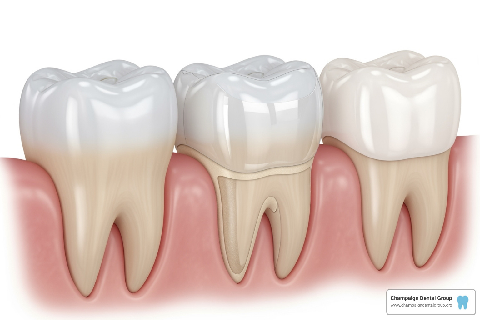 Illustration showing a natural tooth, a tooth prepared for a veneer with a thin layer of enamel removed, and a tooth with a veneer bonded to its surface - Permanent veneers cost