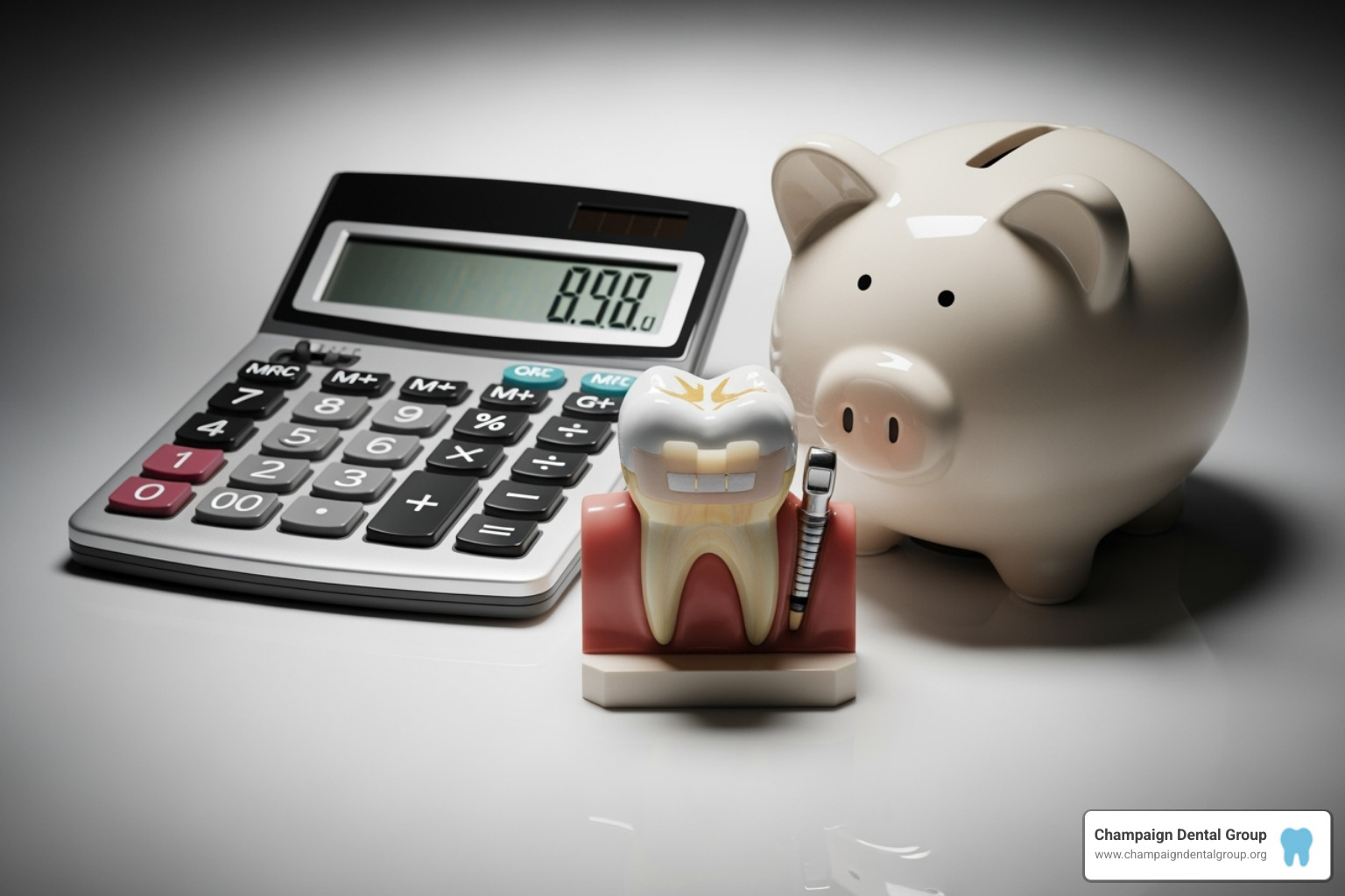 Calculator and piggy bank next to a model of a tooth with a veneer, symbolizing the financial aspect of dental treatment - Permanent veneers cost
