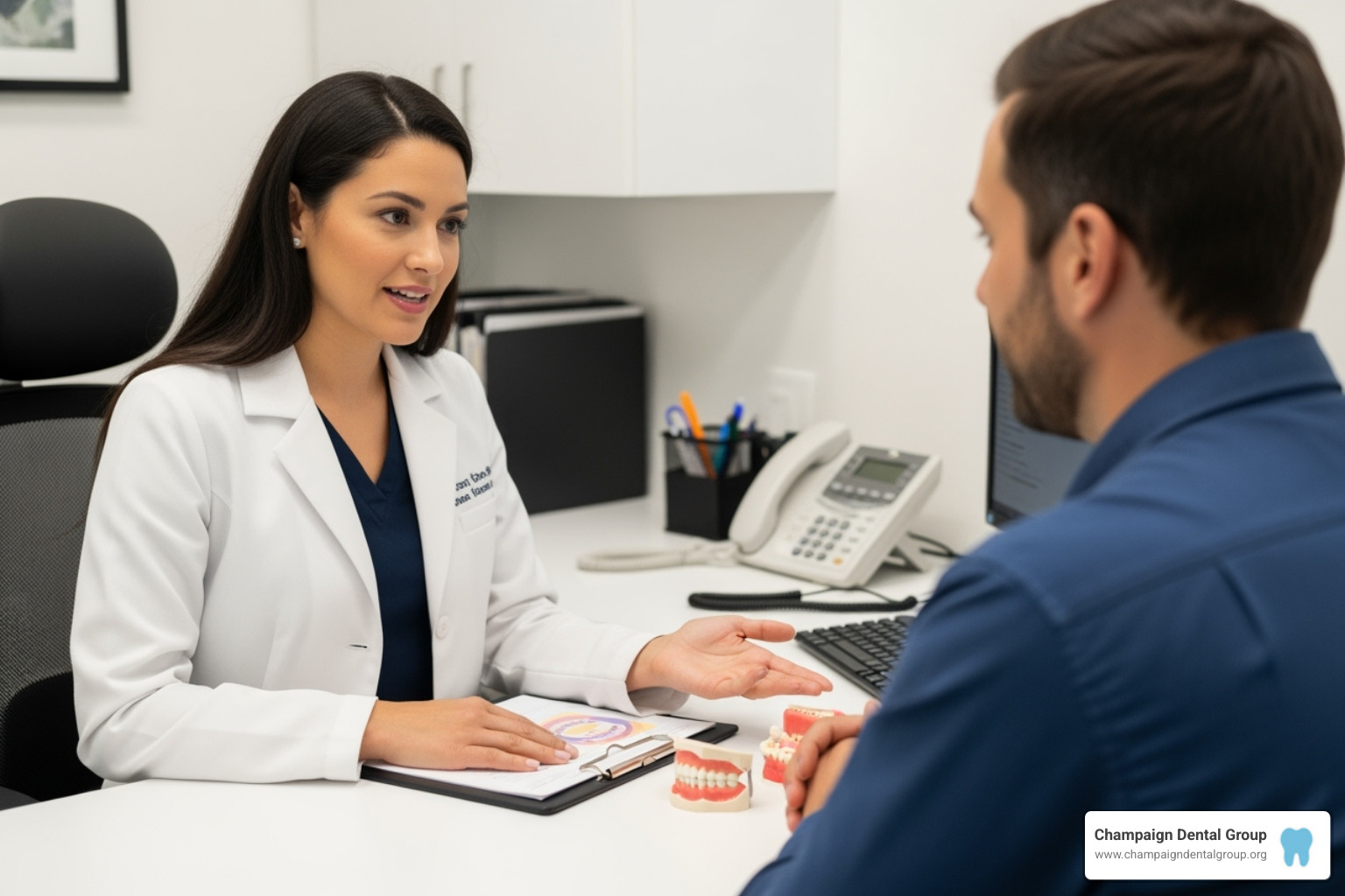 dental professional explaining a treatment plan to a patient - cost for an implant tooth