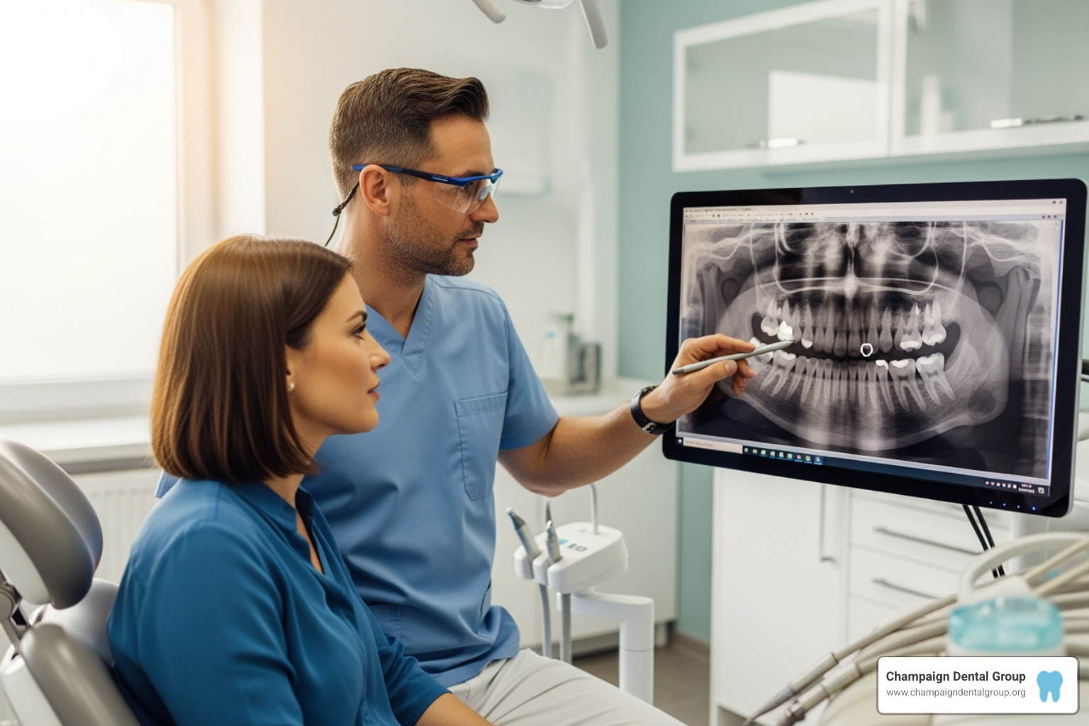 image of a dentist and patient reviewing an x-ray - affordable dentist image of a dentist and patient reviewing an x-ray - affordable dentist