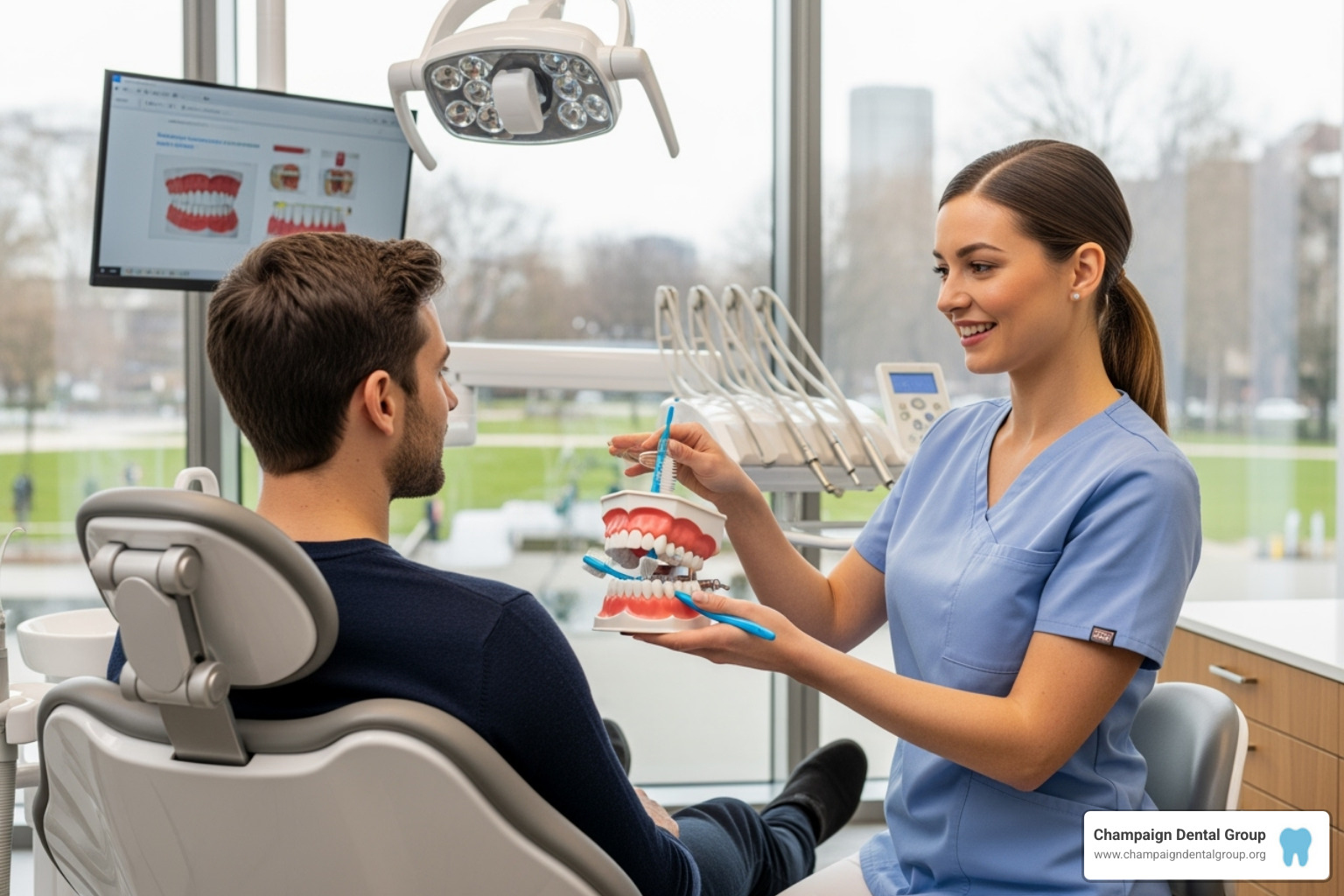 Dental hygienist explaining proper brushing technique to a patient - Dentist Urbana OH