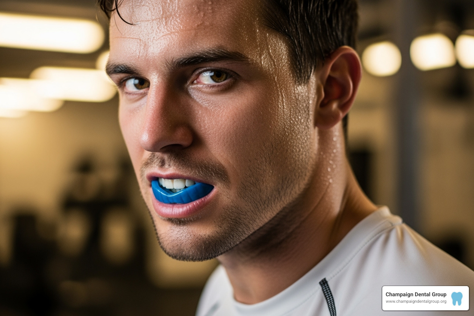 person wearing a sports mouthguard - Tooth Surface Repair