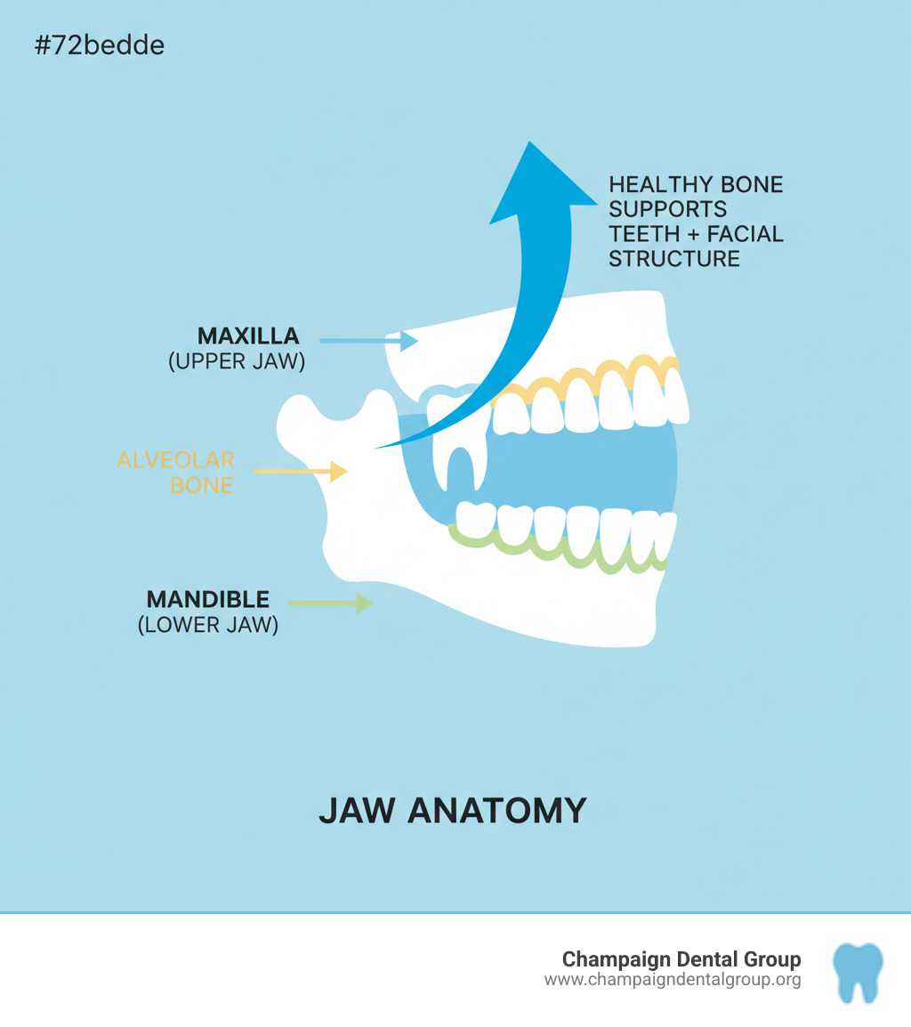 infographic showing the anatomy of the jawbone with labeled parts including the mandible (lower jaw), maxilla (upper jaw), and alveolar bone surrounding tooth roots, plus arrows indicating how healthy bone supports teeth and facial structure - Jaw Bone Health infographic infographic showing the anatomy of the jawbone with labeled parts including the mandible (lower jaw), maxilla (upper jaw), and alveolar bone surrounding tooth roots, plus arrows indicating how healthy bone supports teeth and facial structure - Jaw Bone Health infographic