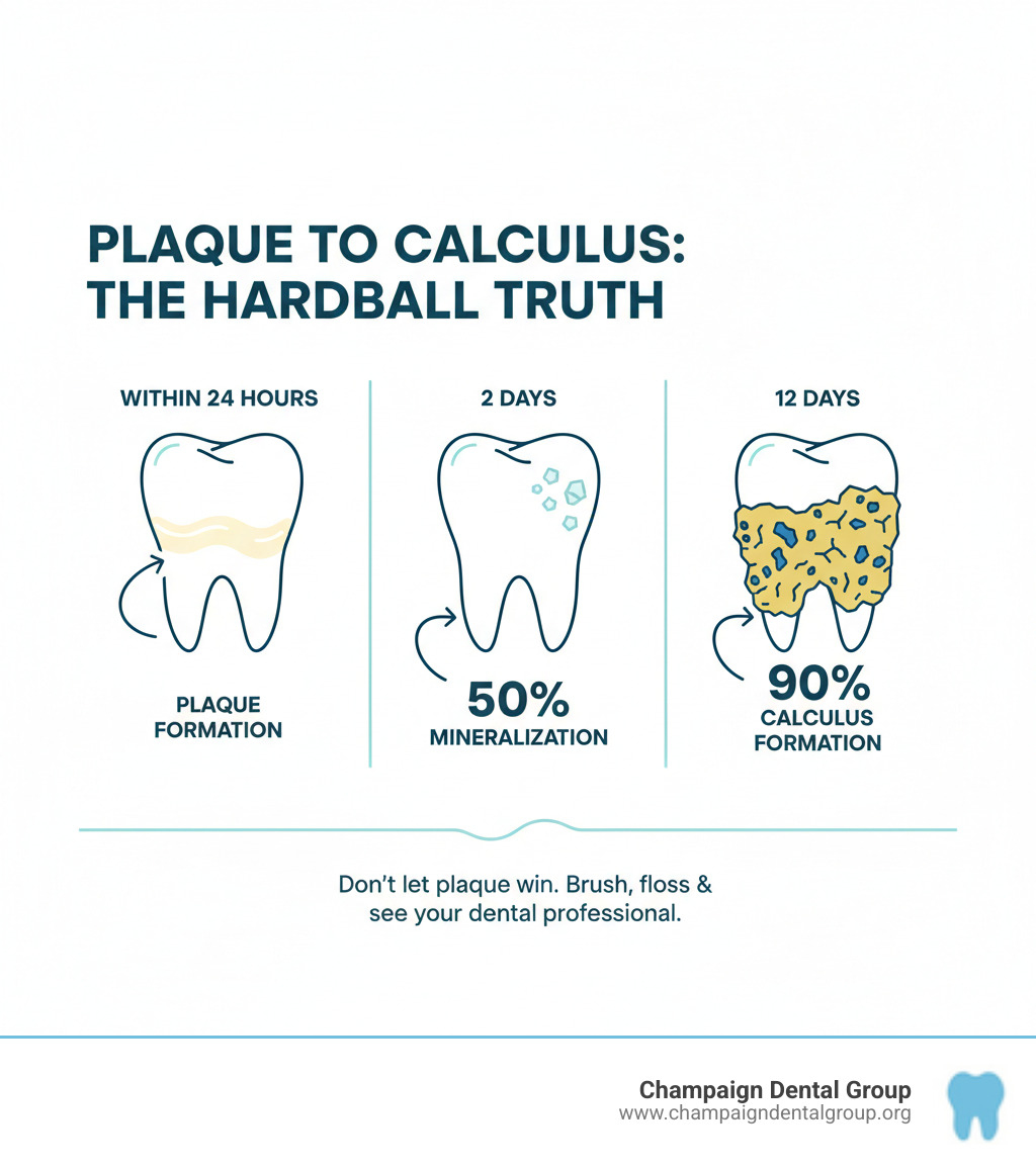 Infographic showing the progression from plaque formation within 24 hours, to 50% mineralization within 2 days, to 90% calculus formation after 12 days, with visual representations of increasingly hardened deposits on teeth - Dental Calculus Remover infographic Infographic showing the progression from plaque formation within 24 hours, to 50% mineralization within 2 days, to 90% calculus formation after 12 days, with visual representations of increasingly hardened deposits on teeth - Dental Calculus Remover infographic