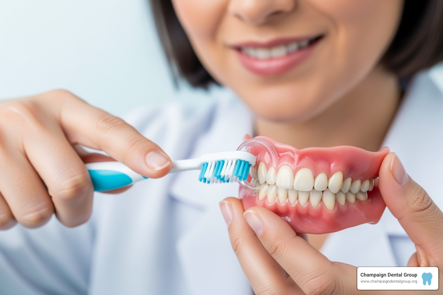 Image of a person demonstrating proper brushing technique on teeth with veneers - Composite Veneers