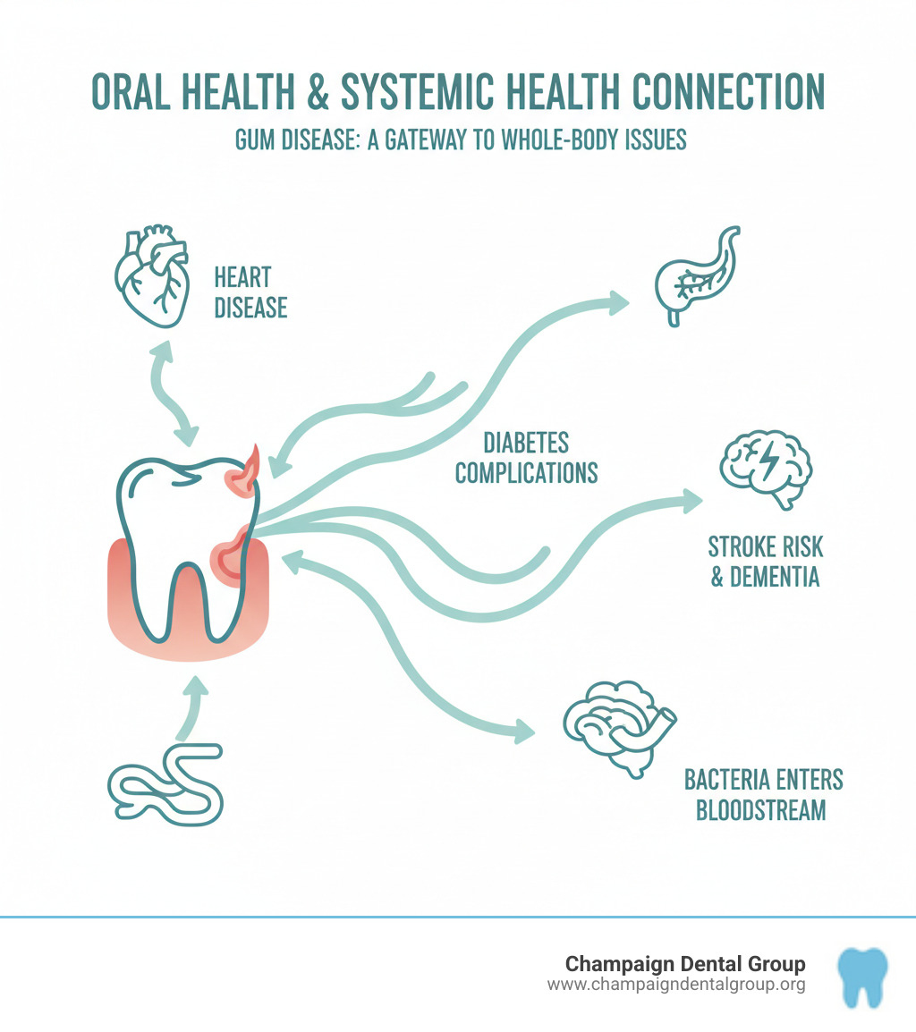 Infographic showing the connection between oral health and systemic health, illustrating how bacteria from gum disease can enter the bloodstream and contribute to heart disease, diabetes complications, stroke risk, and dementia, with arrows connecting an inflamed tooth and gums to various body organs including the heart, pancreas, brain, and blood vessels - best dental cleaning infographic 