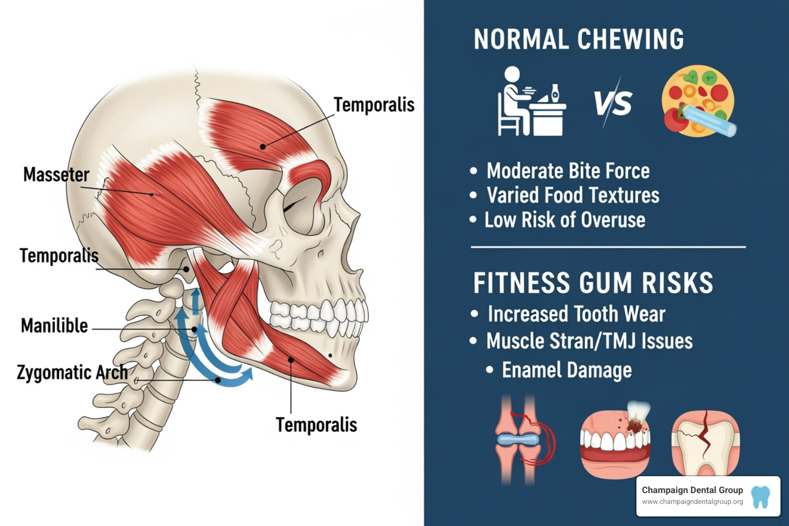 infographic showing jaw anatomy with masseter and temporalis muscles labeled, plus comparison of normal chewing versus fitness gum risks including tooth wear, muscle strain, and enamel damage - chewing gum to build jaw muscles