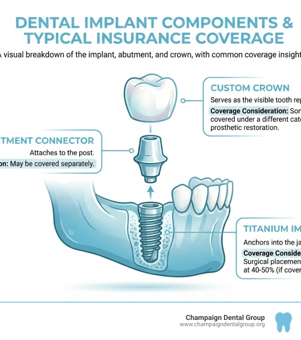 Infographic showing the three main parts of a dental implant: the titanium implant post that anchors into the jawbone, the abutment connector piece that attaches to the post, and the custom crown that serves as the visible tooth replacement. Each component is labeled with typical coverage considerations - the surgical placement of the post is often covered at 40-50% by insurance if covered at all, the abutment may be covered separately, and the crown is sometimes covered under a different category as a prosthetic restoration. - Dental Implant Insurance infographic Infographic showing the three main parts of a dental implant: the titanium implant post that anchors into the jawbone, the abutment connector piece that attaches to the post, and the custom crown that serves as the visible tooth replacement. Each component is labeled with typical coverage considerations - the surgical placement of the post is often covered at 40-50% by insurance if covered at all, the abutment may be covered separately, and the crown is sometimes covered under a different category as a prosthetic restoration. - Dental Implant Insurance infographic