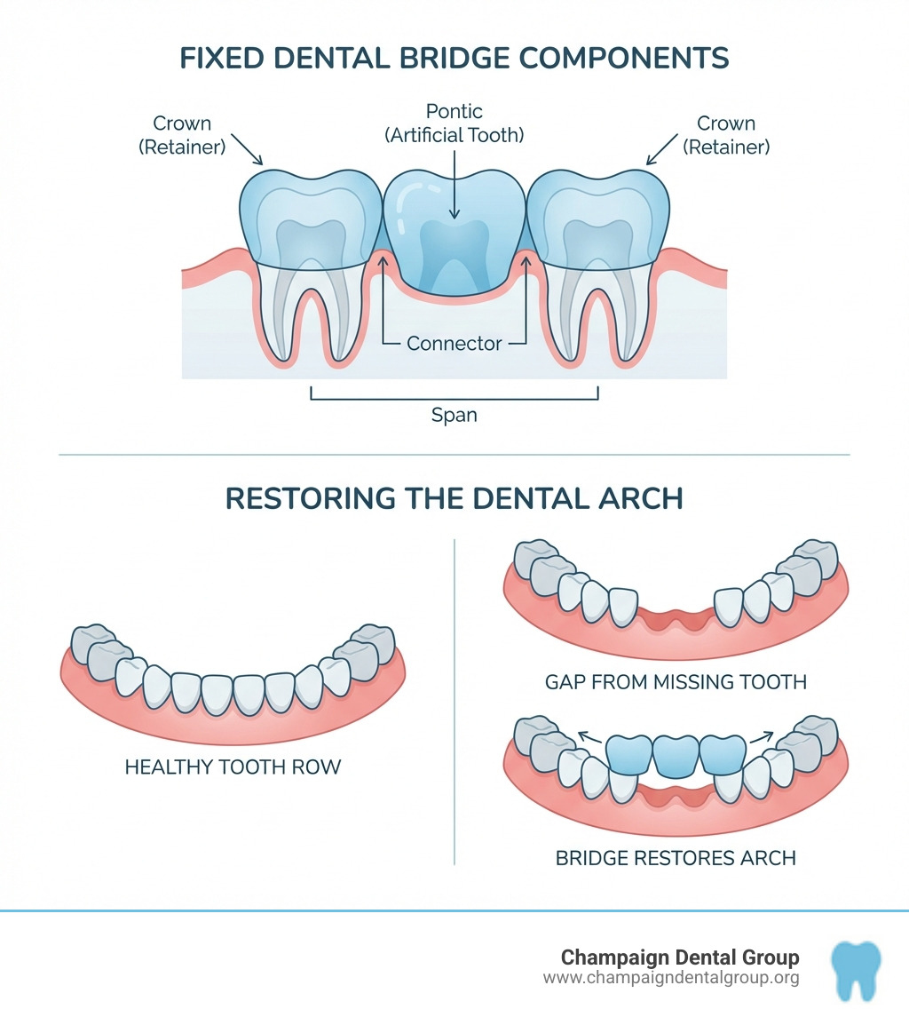 Infographic showing the components of a fixed dental bridge: two abutment teeth with crowns on either side of the gap, a pontic (artificial tooth) in the middle, and labels indicating the retainer, connector, and span. Below shows a comparison of a healthy tooth row versus a gap from a missing tooth, demonstrating how the bridge restores the dental arch. - Fixed dental bridge infographic Infographic showing the components of a fixed dental bridge: two abutment teeth with crowns on either side of the gap, a pontic (artificial tooth) in the middle, and labels indicating the retainer, connector, and span. Below shows a comparison of a healthy tooth row versus a gap from a missing tooth, demonstrating how the bridge restores the dental arch. - Fixed dental bridge infographic