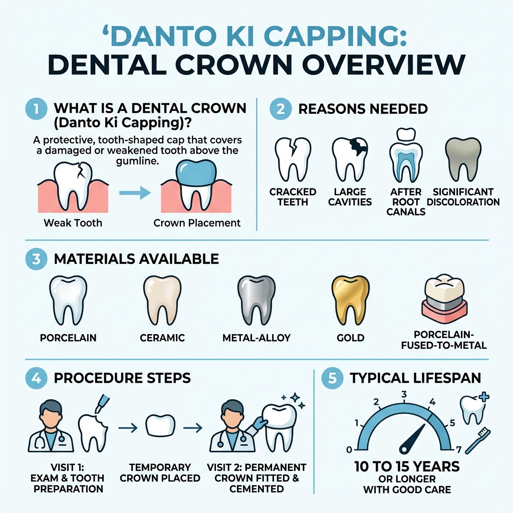 Infographic showing dental crown overview: definition, reasons needed, materials, procedure steps, and lifespan - danto ki