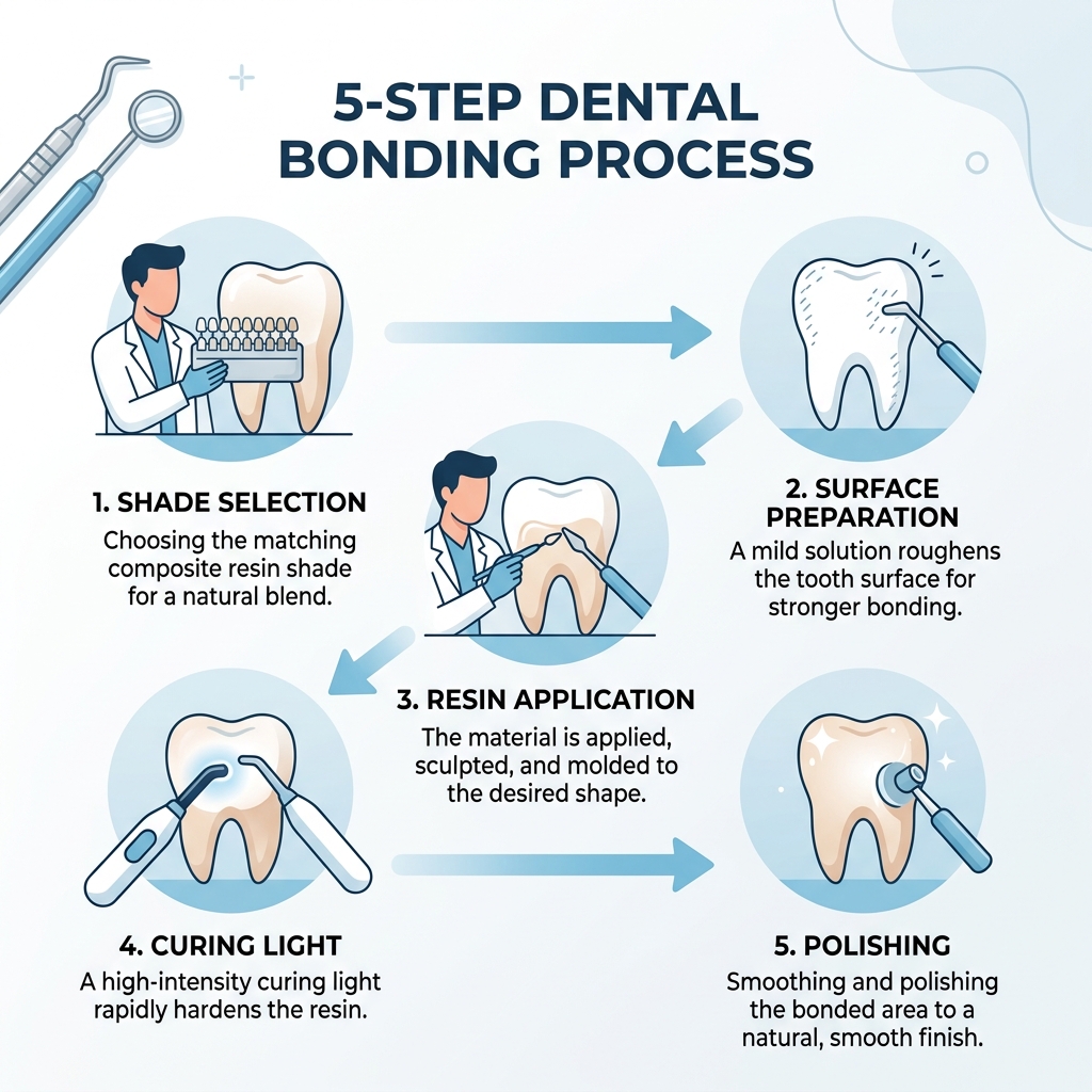 Infographic showing dental bonding steps: shade selection, surface prep, resin application, curing light, and polishing