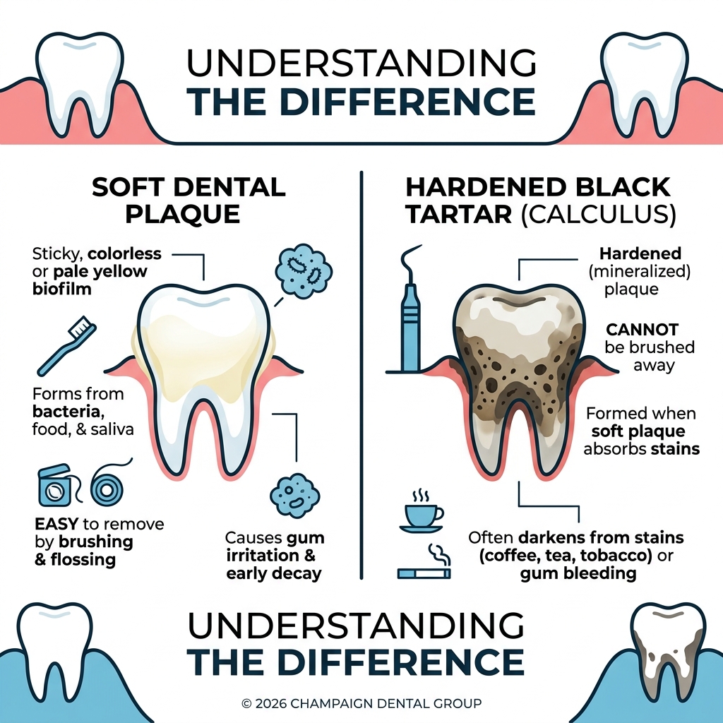 Infographic showing the difference between soft plaque and hardened black tartar on teeth - black plaque on teeth Infographic showing the difference between soft plaque and hardened black tartar on teeth - black plaque on teeth