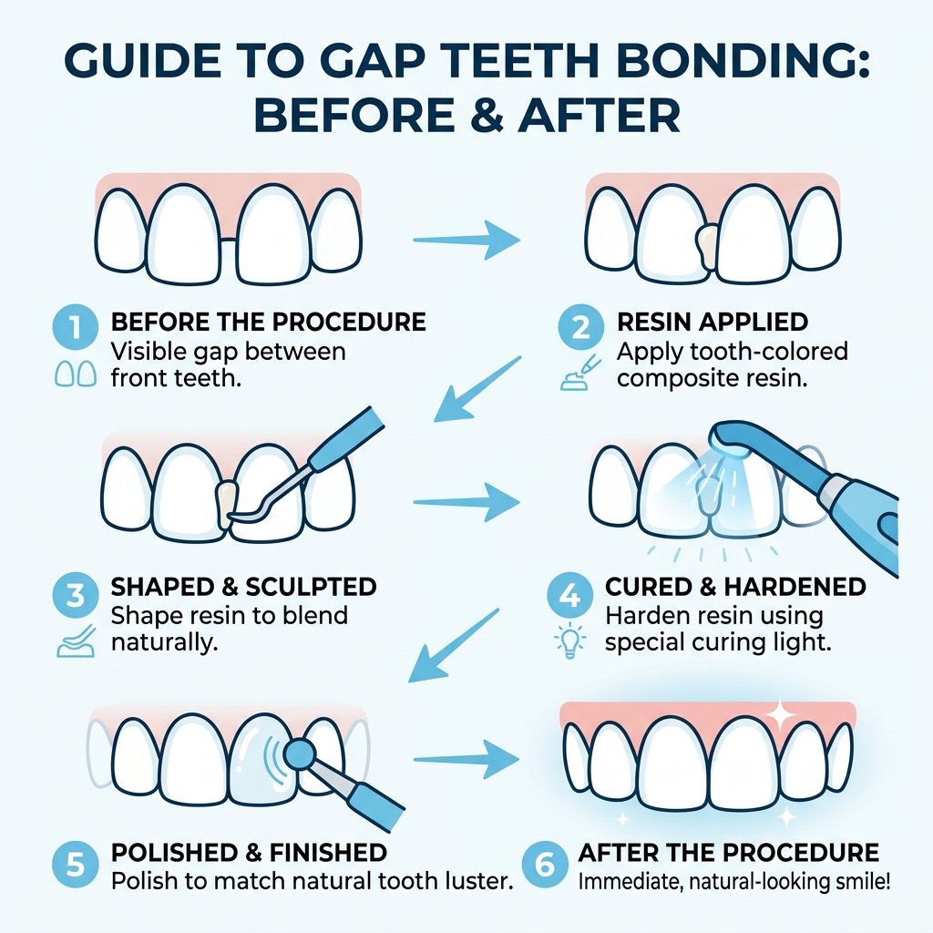 Infographic showing gap teeth before and after bonding: gap visible, resin applied, shaped, cured, polished, gap closed Infographic showing gap teeth before and after bonding: gap visible, resin applied, shaped, cured, polished, gap closed