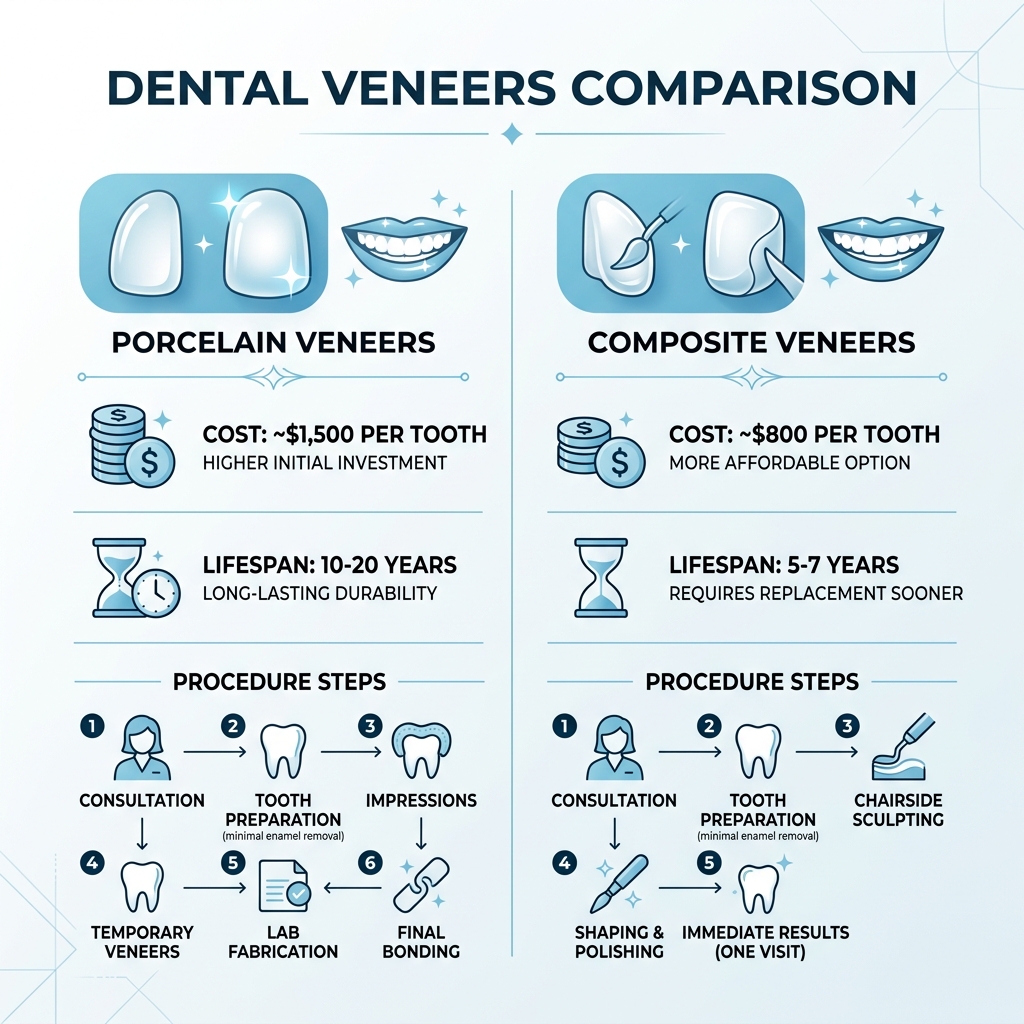 comparison infographic showing porcelain vs composite veneers cost, lifespan, and procedure steps - dental veneers cost