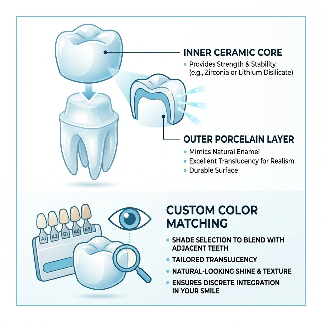 Layers of a porcelain crown infographic showing inner ceramic core and outer porcelain layer with color matching - crown all Layers of a porcelain crown infographic showing inner ceramic core and outer porcelain layer with color matching - crown all