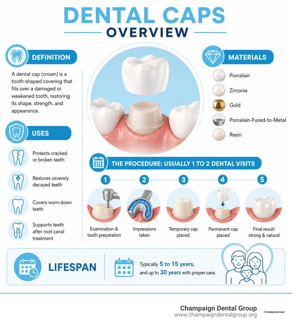 Infographic showing dental cap overview: definition, materials, uses, procedure steps, and lifespan infographic