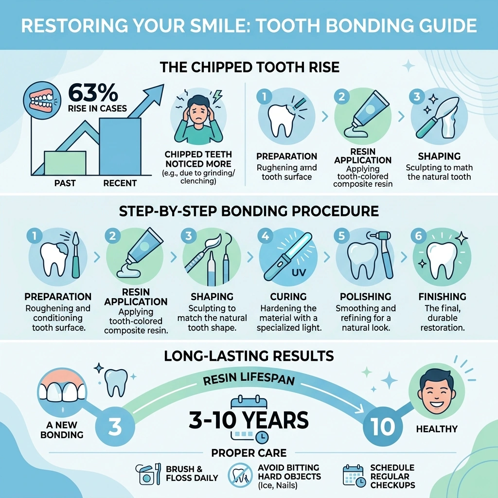 Infographic showing 63% rise in chipped teeth, bonding procedure steps, and 3-10 year lifespan - tooth bonding for chipped