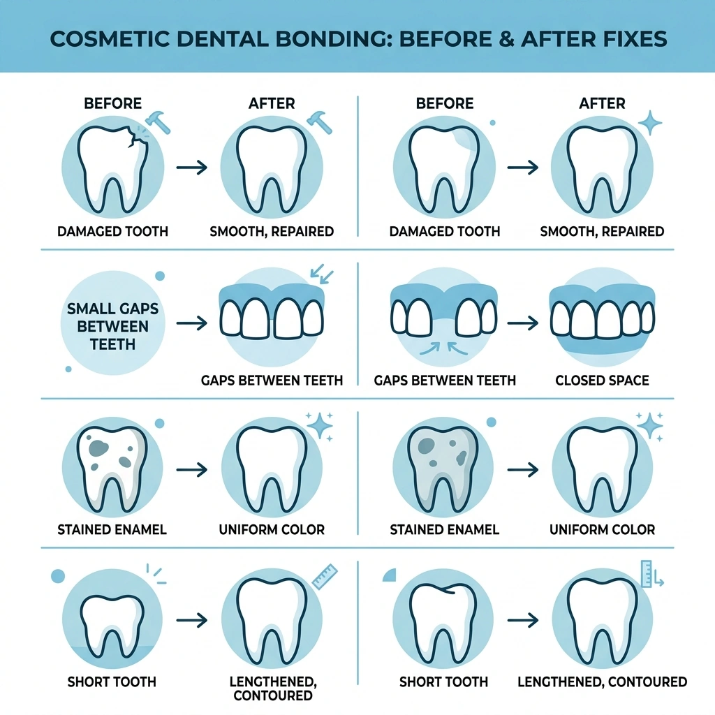 Infographic showing cosmetic dental bonding before and after common fixes including chips gaps stains and short teeth Infographic showing cosmetic dental bonding before and after common fixes including chips gaps stains and short teeth
