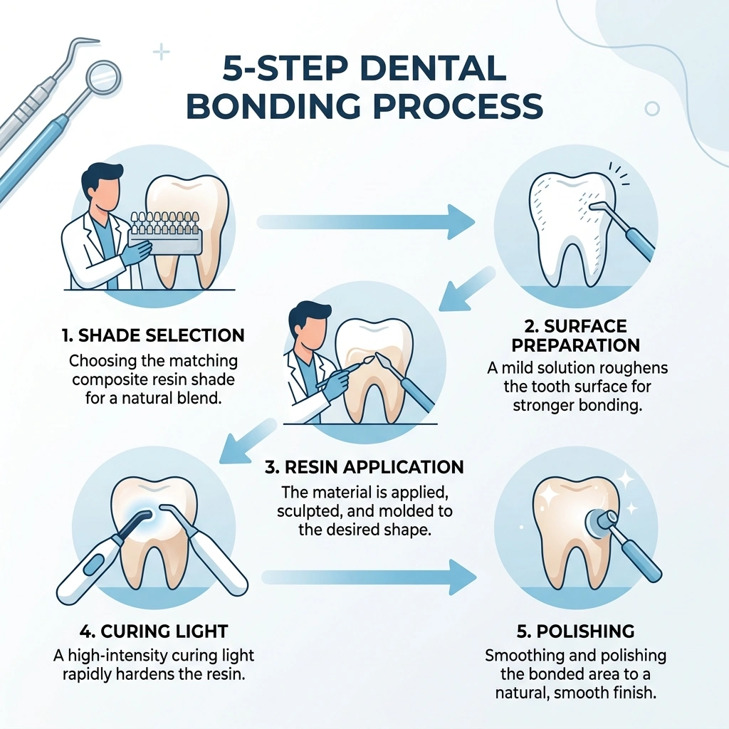 Infographic showing dental bonding steps: shade selection, surface prep, resin application, curing light, and polishing Infographic showing dental bonding steps: shade selection, surface prep, resin application, curing light, and polishing