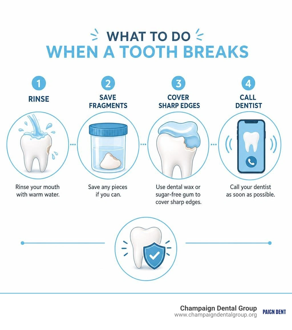 Immediate steps infographic when a tooth breaks: rinse, save fragments, cover sharp edges, call dentist infographic Immediate steps infographic when a tooth breaks: rinse, save fragments, cover sharp edges, call dentist infographic