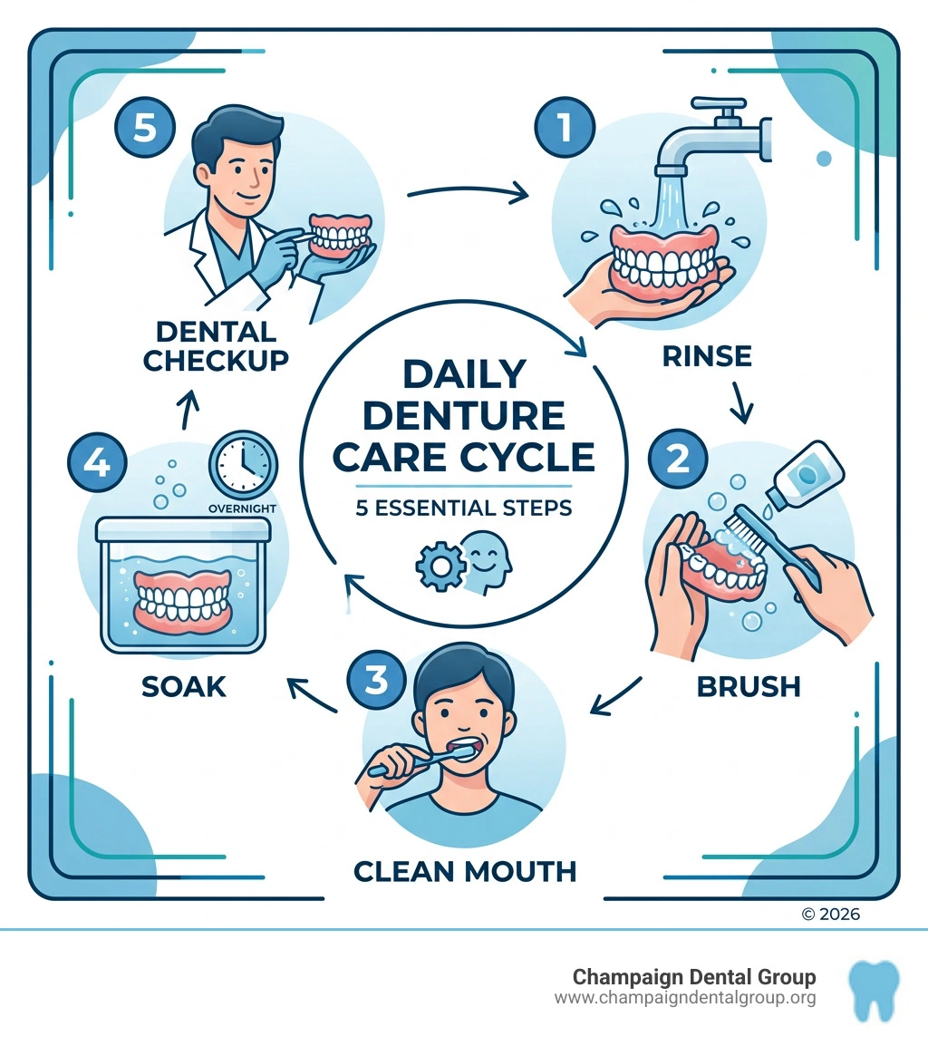 Daily denture care cycle infographic showing 5 steps: rinse, brush, clean mouth, soak, and dental checkup - Denture Daily denture care cycle infographic showing 5 steps: rinse, brush, clean mouth, soak, and dental checkup - Denture