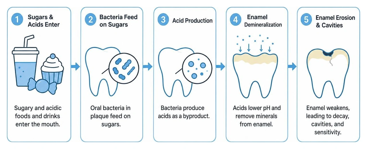 How sugary and acidic foods interact with oral bacteria to erode enamel How sugary and acidic foods interact with oral bacteria to erode enamel