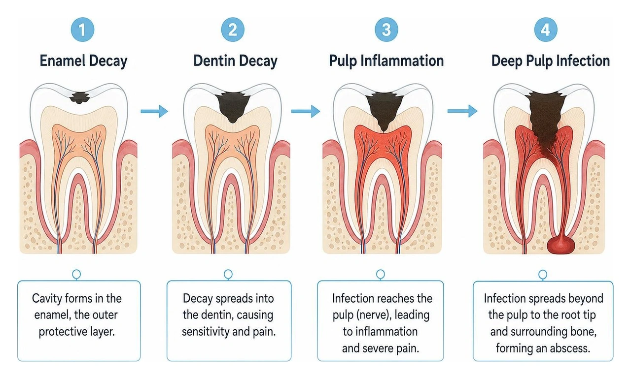 Diagram showing tooth decay progression from enamel to deep pulp infection Diagram showing tooth decay progression from enamel to deep pulp infection