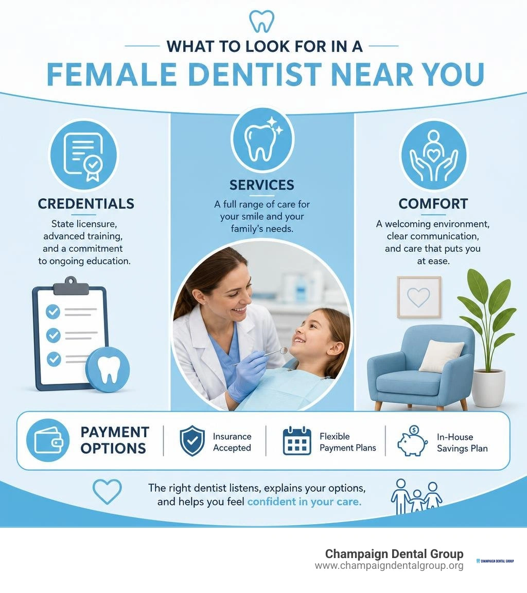 Infographic showing credentials services comfort and payment options when choosing a local female dentist infographic Infographic showing credentials services comfort and payment options when choosing a local female dentist infographic