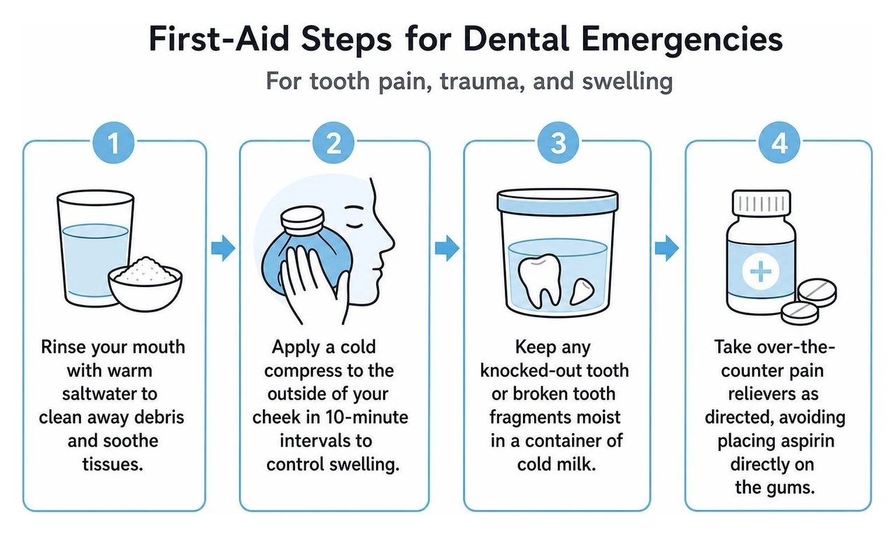 Step-by-step first-aid steps for handling tooth pain, trauma, and swelling Step-by-step first-aid steps for handling tooth pain, trauma, and swelling