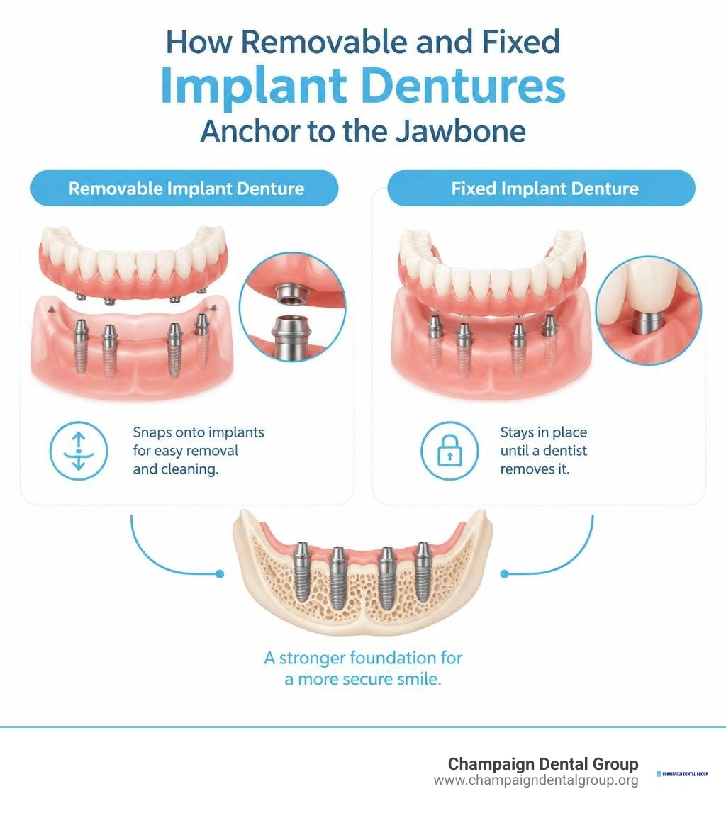 How removable and fixed implant dentures anchor to the jawbone infographic How removable and fixed implant dentures anchor to the jawbone infographic
