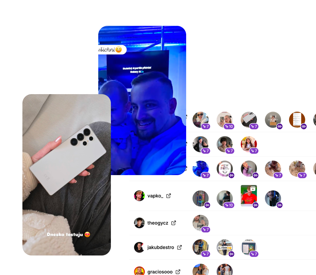 Collage showing a person holding a white smartphone with multiple cameras, a man smiling and holding a child in a blue-lit room, and a social media interface with user profile pictures and engagement icons.