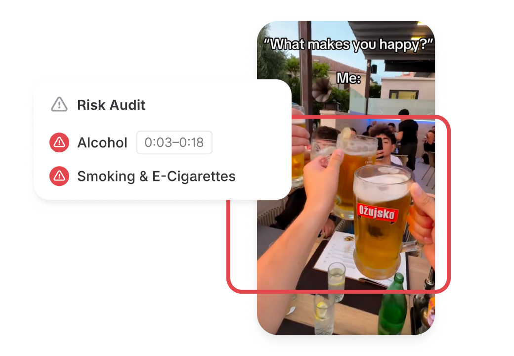 People clinking large beer mugs outdoors with a caption 'What makes you happy? Me:' and a risk audit overlay warning of alcohol and smoking risks.